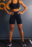 Black high waisted sweat-wicking training shorts